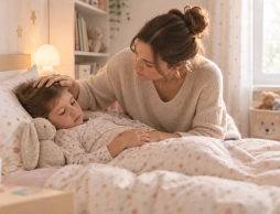 Une maman qui prend soin de sa fille malade