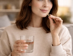 Femme qui prend une gélule avec un verre d'eau